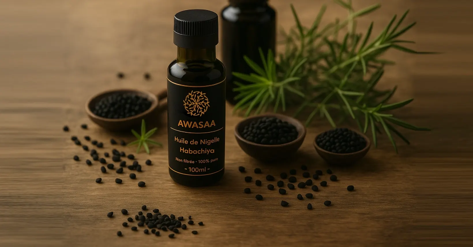 Flacon d'huile de nigelle bio Awasaa sur une table en bois, entouré de bols de graines de nigelle et de romarin