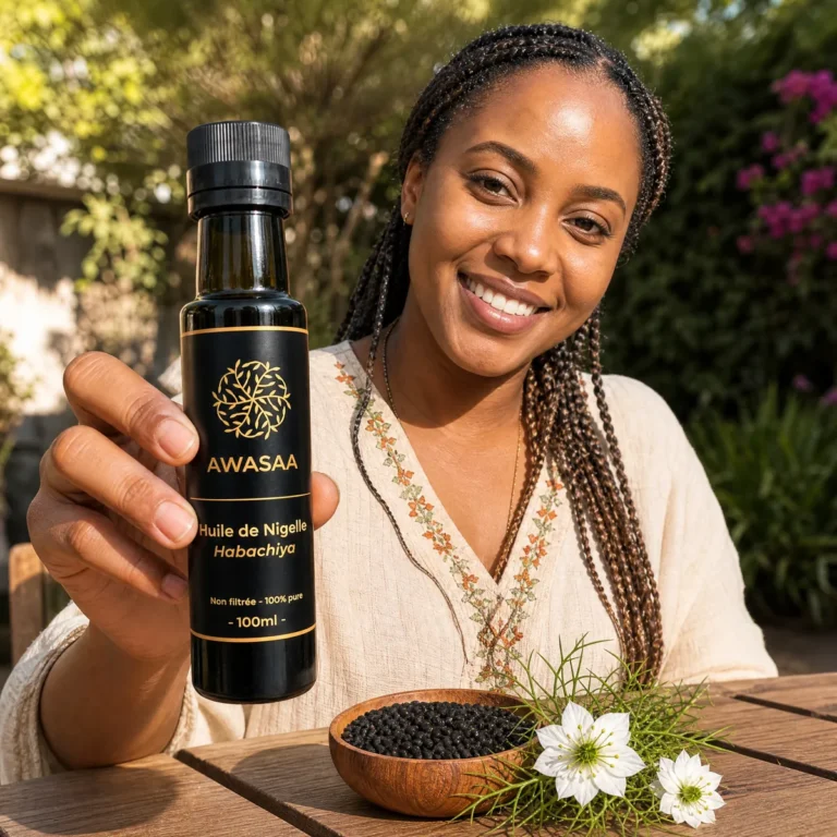 Femme souriante dans un jardin avec un flacon d'huile de nigelle Awasaa et des graines de nigelle