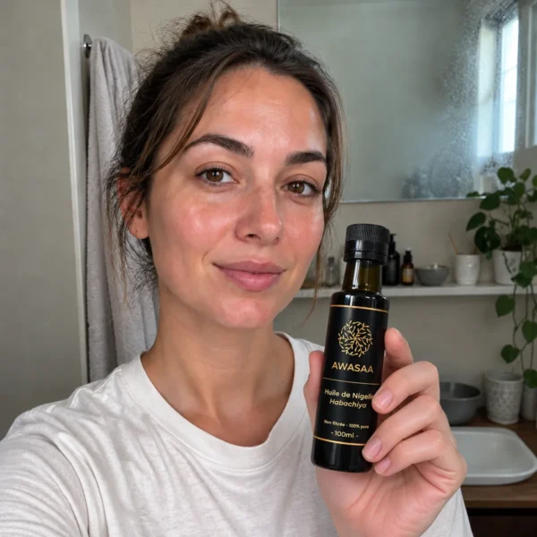 Femme au visage naturel tenant un flacon d'huile de nigelle